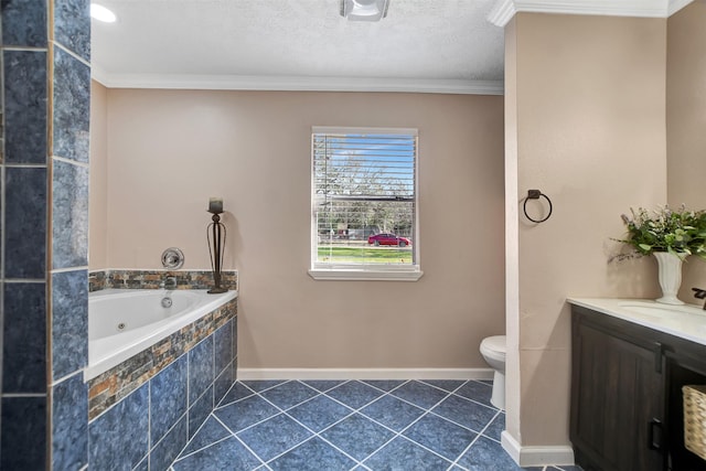 bathroom featuring toilet, crown molding, a textured ceiling, vanity, and a relaxing tiled tub