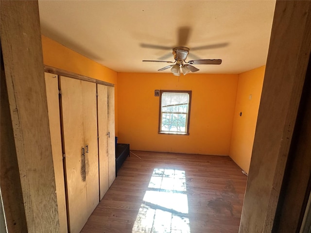 unfurnished bedroom with ceiling fan and light wood-type flooring