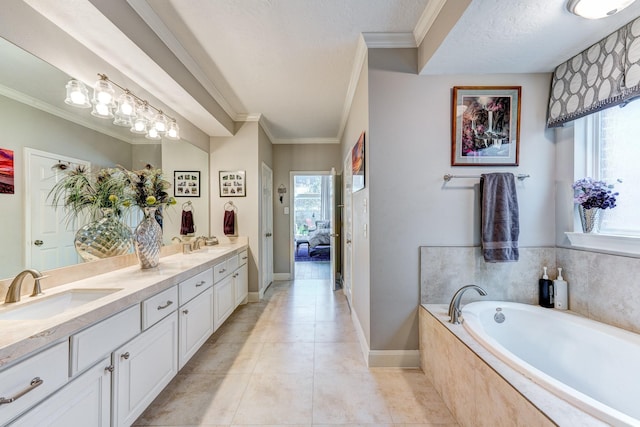 bathroom featuring shower with separate bathtub, tile patterned flooring, vanity, ornamental molding, and a textured ceiling