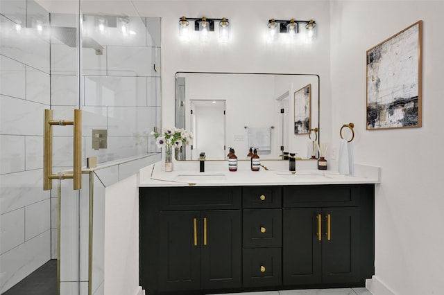 bathroom featuring vanity and a shower with shower door