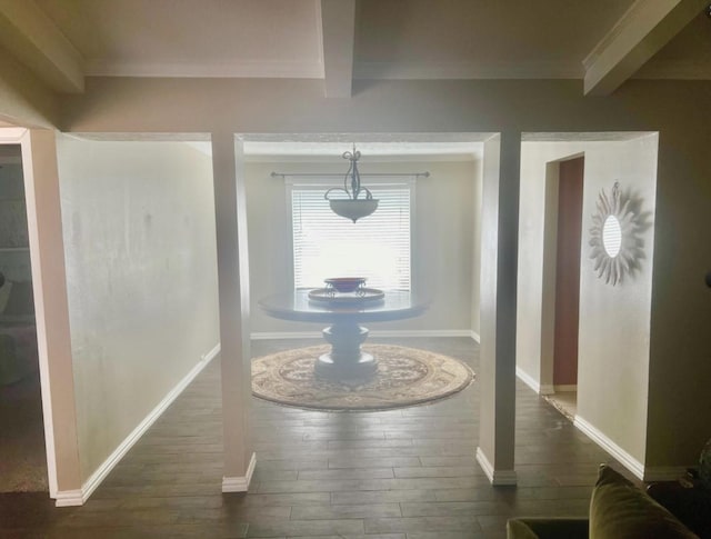 hallway with dark hardwood / wood-style flooring and beam ceiling