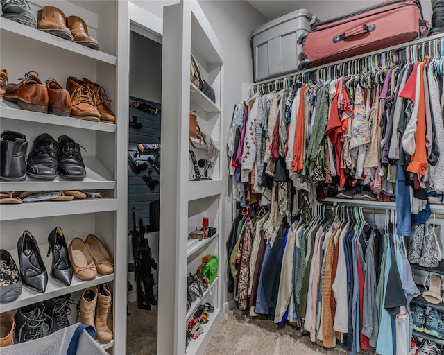 spacious closet featuring light colored carpet