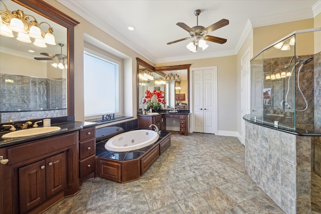 bathroom featuring ceiling fan, ornamental molding, vanity, and independent shower and bath