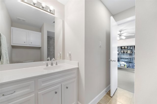 bathroom with ceiling fan, vanity, toilet, and tile patterned flooring