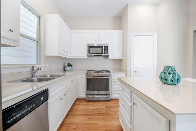 kitchen featuring white cabinetry, sink, light hardwood / wood-style flooring, and stainless steel appliances