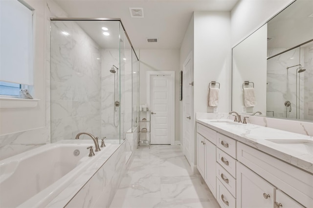 full bath with marble finish floor, visible vents, a marble finish shower, and a bath