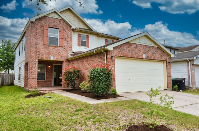 view of front of property featuring a garage and a front lawn