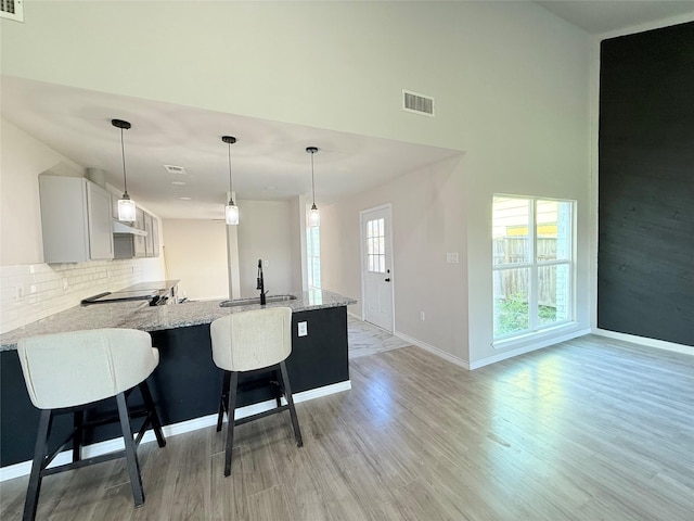 kitchen with sink, a breakfast bar area, light stone counters, a healthy amount of sunlight, and light hardwood / wood-style flooring