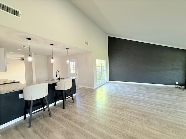 kitchen featuring sink, a breakfast bar area, hanging light fixtures, light hardwood / wood-style floors, and light stone countertops