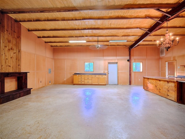 basement with wood ceiling and wood walls