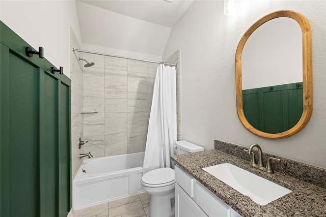 full bathroom featuring vanity, shower / bath combination with curtain, and toilet