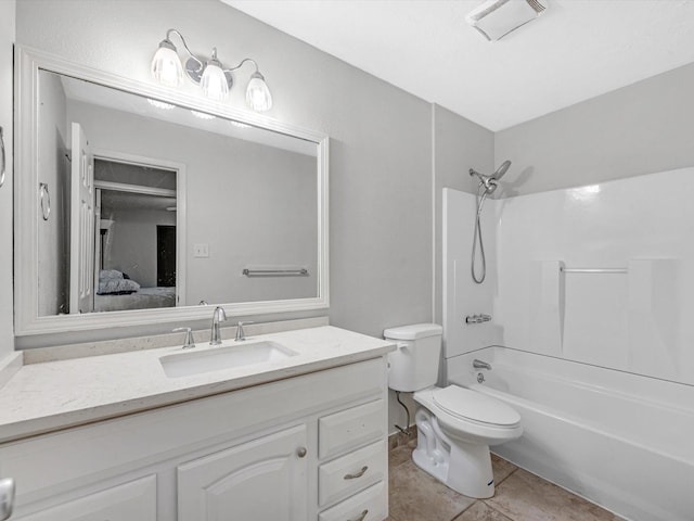 full bathroom with toilet, tile patterned floors, vanity, and bathtub / shower combination