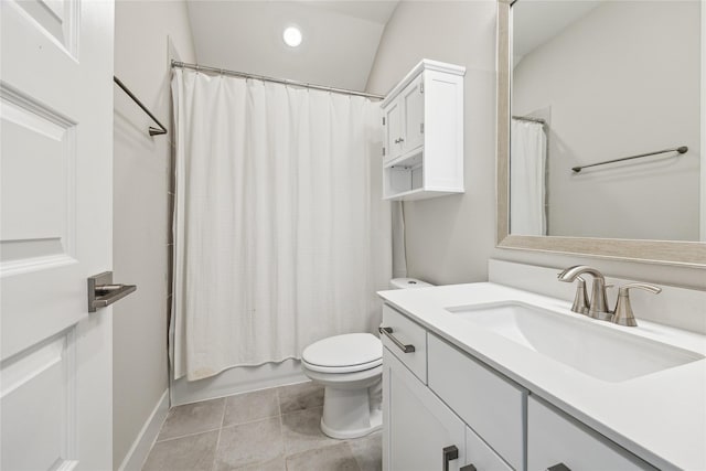 full bathroom with toilet, vaulted ceiling, vanity, shower / bath combo, and tile patterned flooring