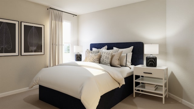 bedroom featuring light colored carpet