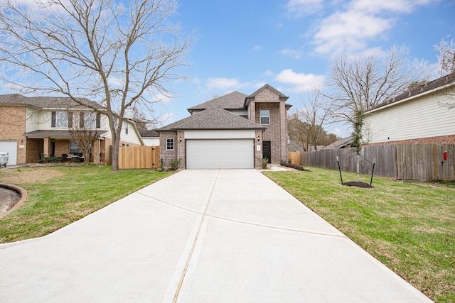 view of front of house with concrete driveway, brick siding, an attached garage, and a front yard