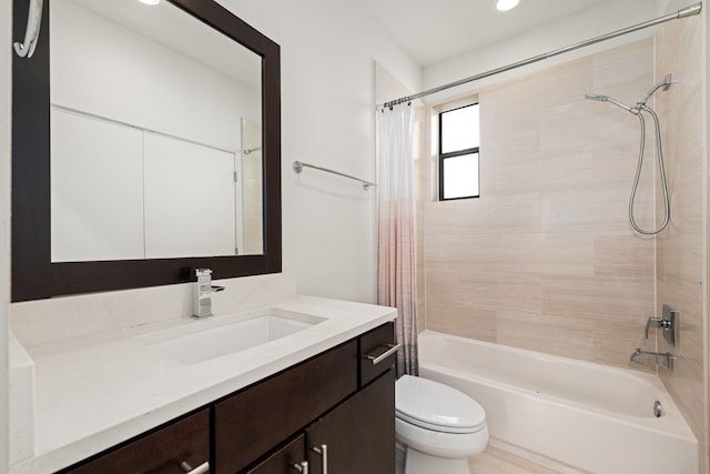 full bathroom with vanity, toilet, and shower / bathtub combination with curtain