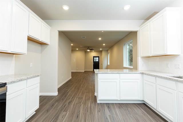 kitchen featuring white cabinetry, light stone countertops, and dark wood-type flooring