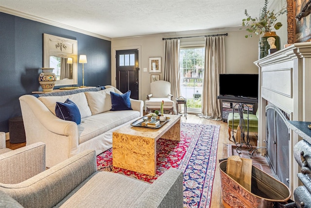 living room with hardwood / wood-style flooring, ornamental molding, and a textured ceiling