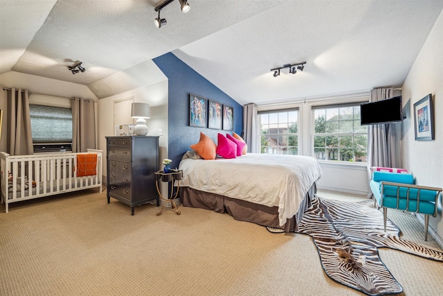 carpeted bedroom with vaulted ceiling, rail lighting, and a textured ceiling