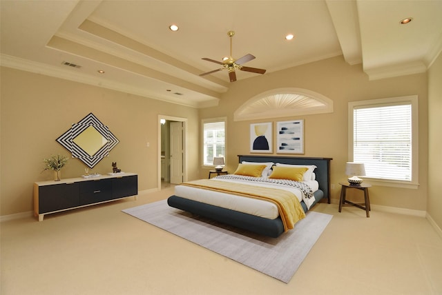 bedroom with ceiling fan, ornamental molding, and carpet flooring