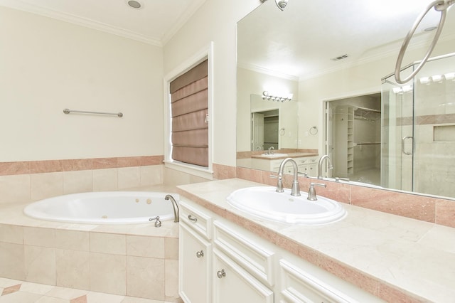 bathroom with crown molding, separate shower and tub, tile patterned floors, and vanity