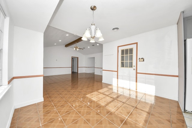 empty room featuring lofted ceiling with beams, tile patterned floors, and a chandelier