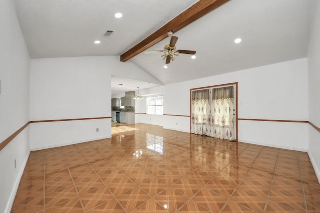 interior space featuring ceiling fan with notable chandelier and lofted ceiling with beams