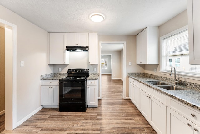 kitchen with sink, white cabinets, light hardwood / wood-style floors, and black range with electric cooktop