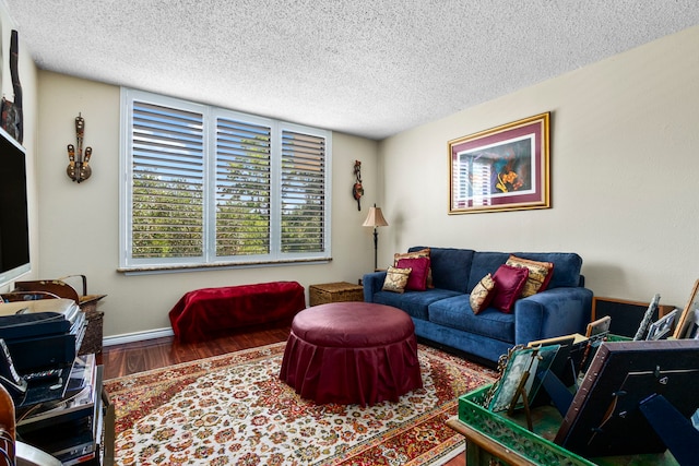 living room featuring hardwood / wood-style floors and a textured ceiling