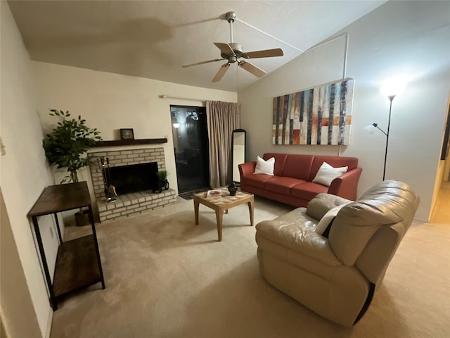 living room with lofted ceiling, light carpet, ceiling fan, and a brick fireplace