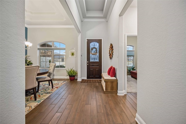 entryway featuring dark hardwood / wood-style flooring, ornamental molding, and a high ceiling