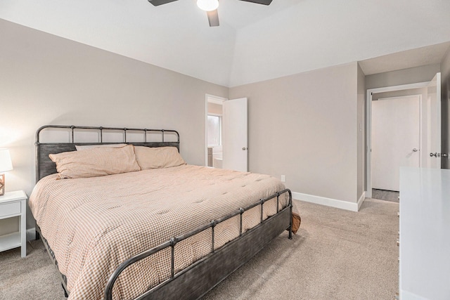 carpeted bedroom featuring lofted ceiling and ceiling fan