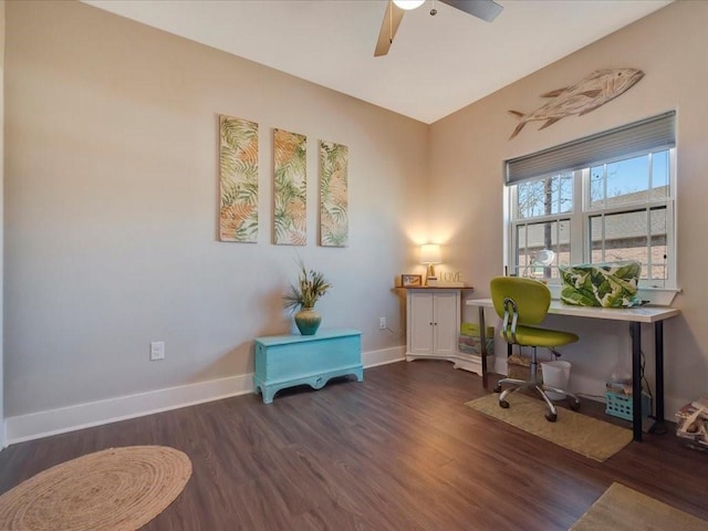 office area featuring ceiling fan and dark hardwood / wood-style floors