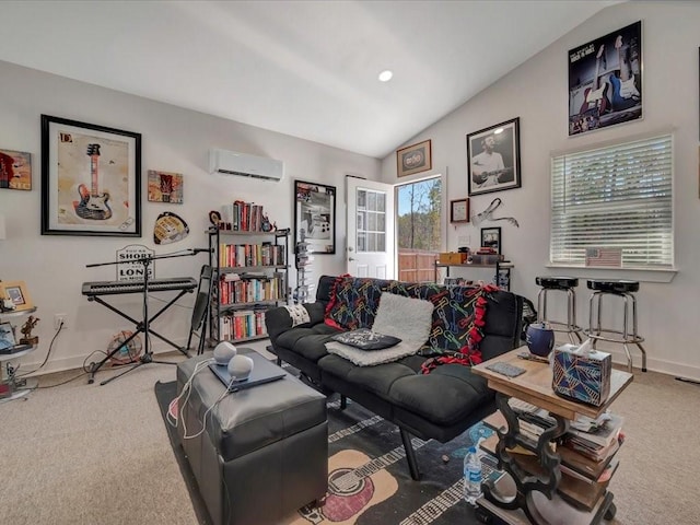 carpeted living room featuring a healthy amount of sunlight, vaulted ceiling, and an AC wall unit