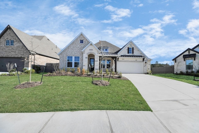 french provincial home featuring driveway, metal roof, a standing seam roof, fence, and a front lawn