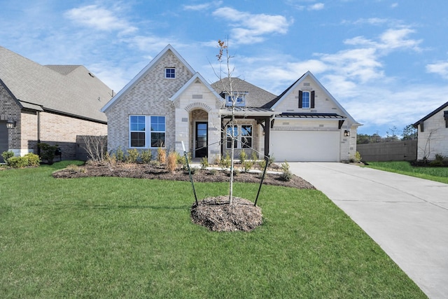 french provincial home with a garage, brick siding, driveway, a standing seam roof, and a front yard