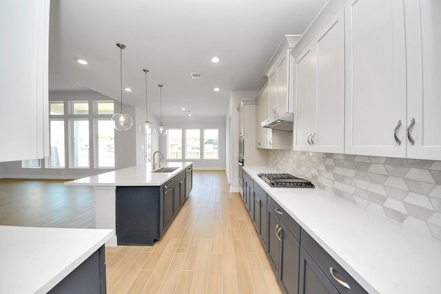 kitchen with under cabinet range hood, stainless steel appliances, a sink, light countertops, and decorative backsplash