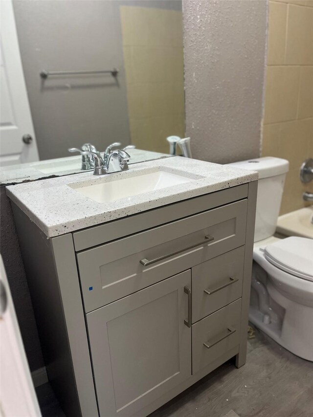 bathroom featuring wood-type flooring, toilet, and vanity