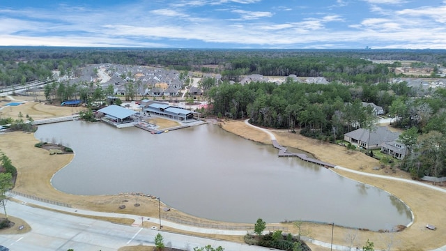 birds eye view of property with a water view and a forest view