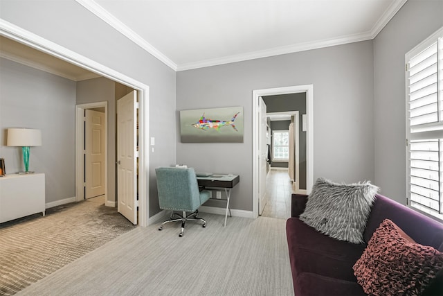 office area with baseboards, ornamental molding, and carpet flooring