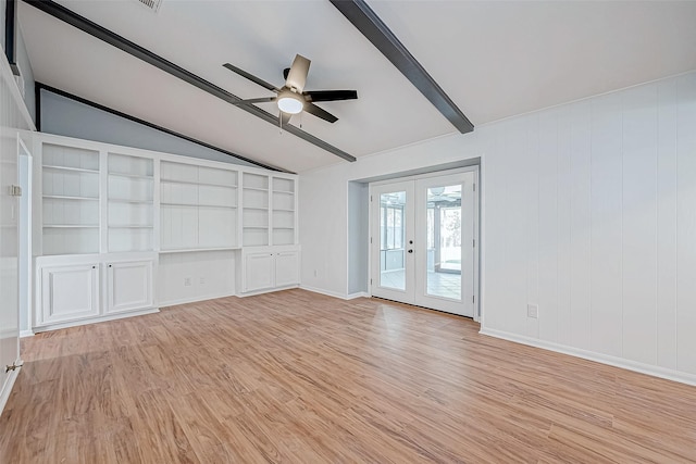 unfurnished living room with vaulted ceiling with beams, ceiling fan, light hardwood / wood-style floors, built in shelves, and french doors