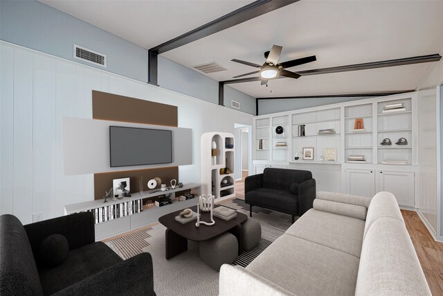 living room with ceiling fan, vaulted ceiling, and light wood-type flooring