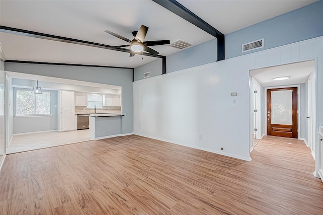 unfurnished living room with ceiling fan, vaulted ceiling with beams, sink, and light hardwood / wood-style floors