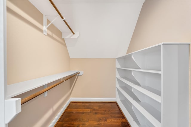 walk in closet featuring vaulted ceiling and dark hardwood / wood-style flooring