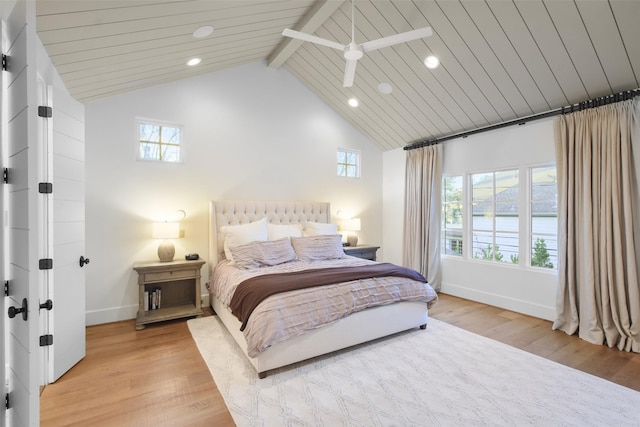 bedroom with beamed ceiling, ceiling fan, high vaulted ceiling, and light hardwood / wood-style floors