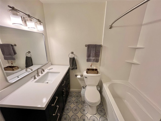 full bathroom with vanity, bathtub / shower combination, and toilet