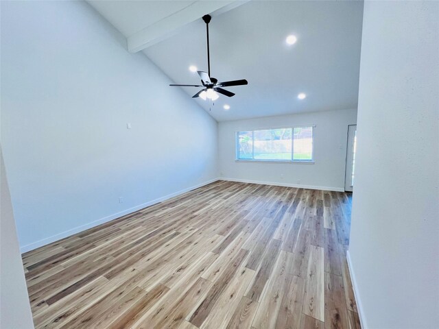 unfurnished room featuring beamed ceiling, ceiling fan, high vaulted ceiling, and light wood-type flooring