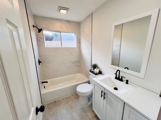 full bathroom with tiled shower / bath combo, vanity, and toilet