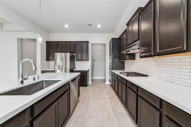 kitchen with sink, hanging light fixtures, dark brown cabinetry, stainless steel appliances, and light hardwood / wood-style flooring