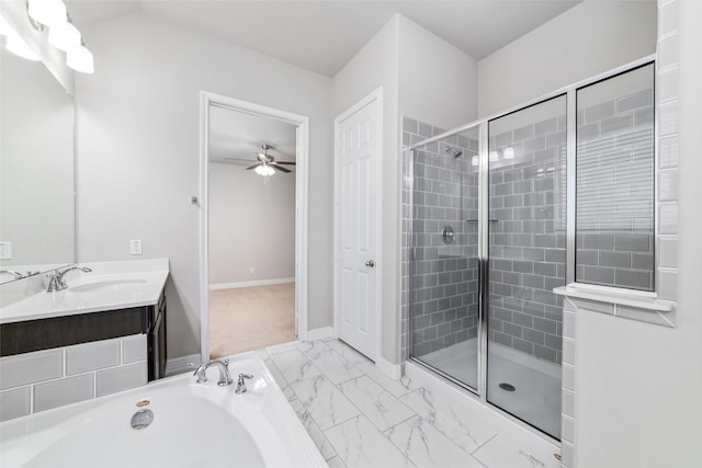 bathroom with ceiling fan, vanity, and plus walk in shower